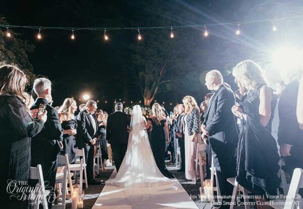 Jon Von Photography | Pedestals | Vision Event Co | Cold Spring Country Club, Huntinton NY. Night Wedding. 3 people across.