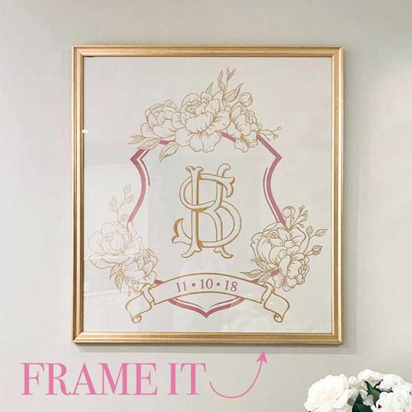 Once your wedding is over consider framing it as a stunning keepsake for your home. Hang this captivating piece as a beautiful memento that adds a touch of elegance to your living space. This design is painted in beautiful gold and dusty rose. Delicate floral designs and an artistically hand-painted frame featuring the entwined SK logo.